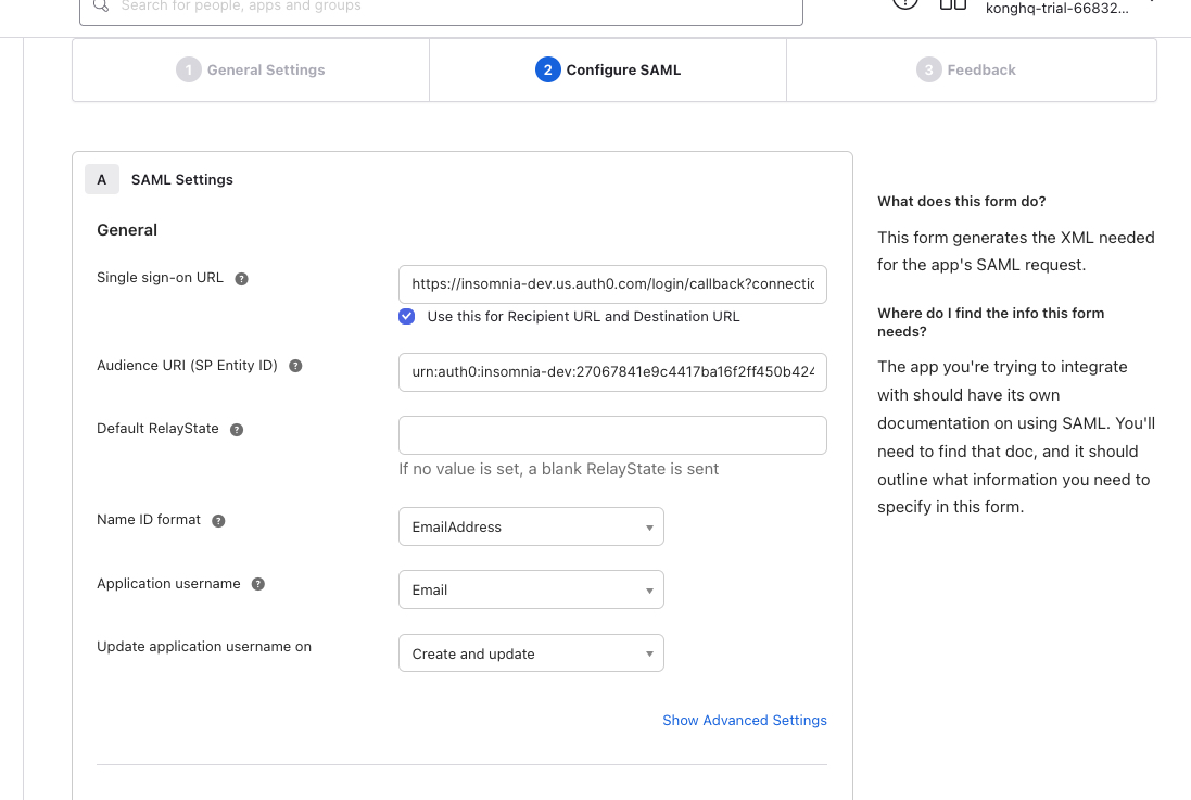 okta app set sso and audience uri